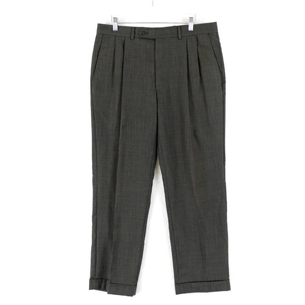 Jack Victor Valentino CT Wool Green Gray Nailshead Pleated Dress Pants 35/29 Cuf